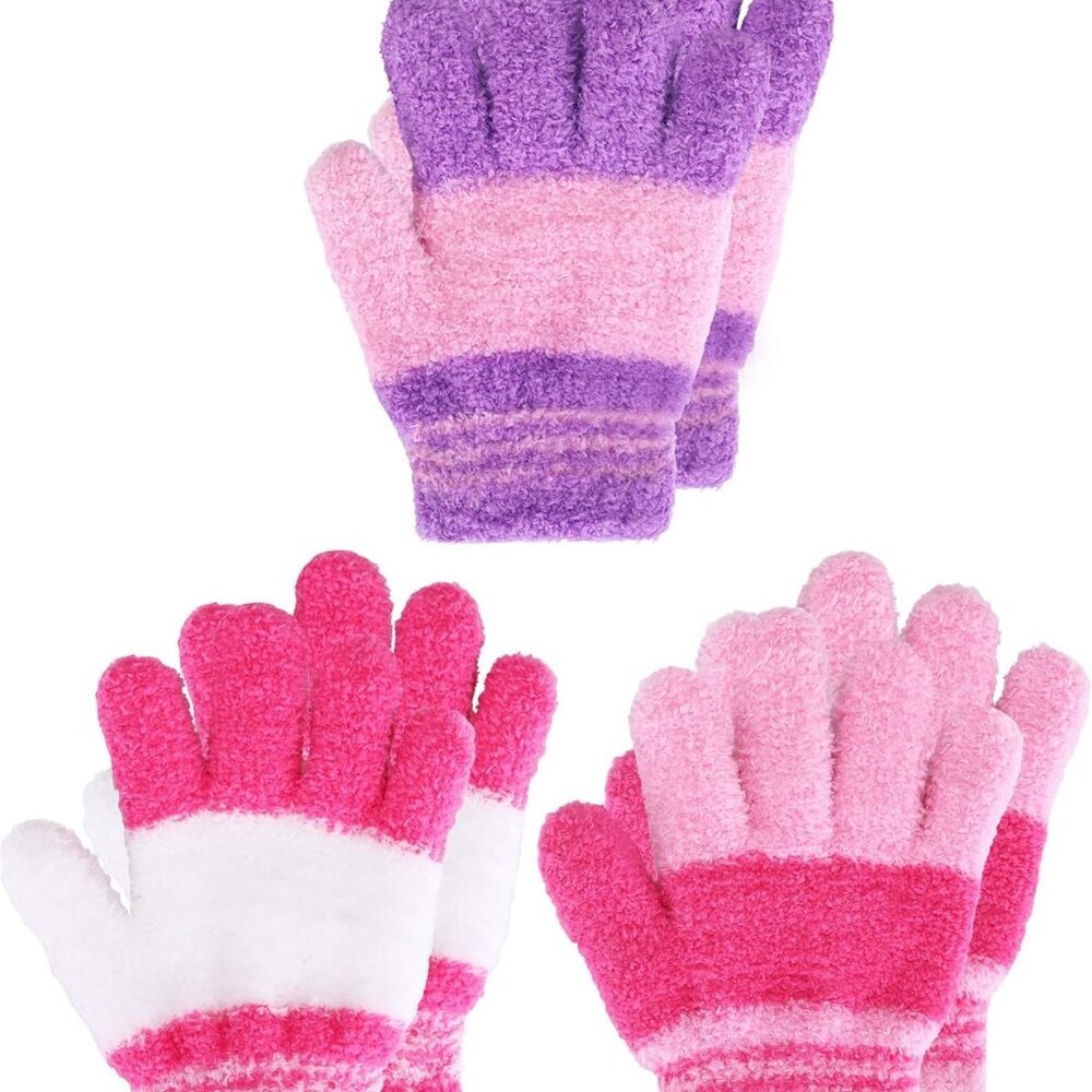 3 Pairs Kids Winter Knit Gloves Stretchy Full Finger Fluffy Mittens for Toddler